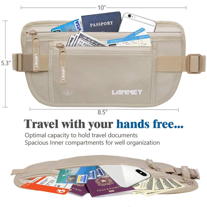 LANNEY Travel Money Belt Hidden Waist Stash Wallet RFID Blocking Anti-Theft Passport Holder for Men Women, Cream - Image 4